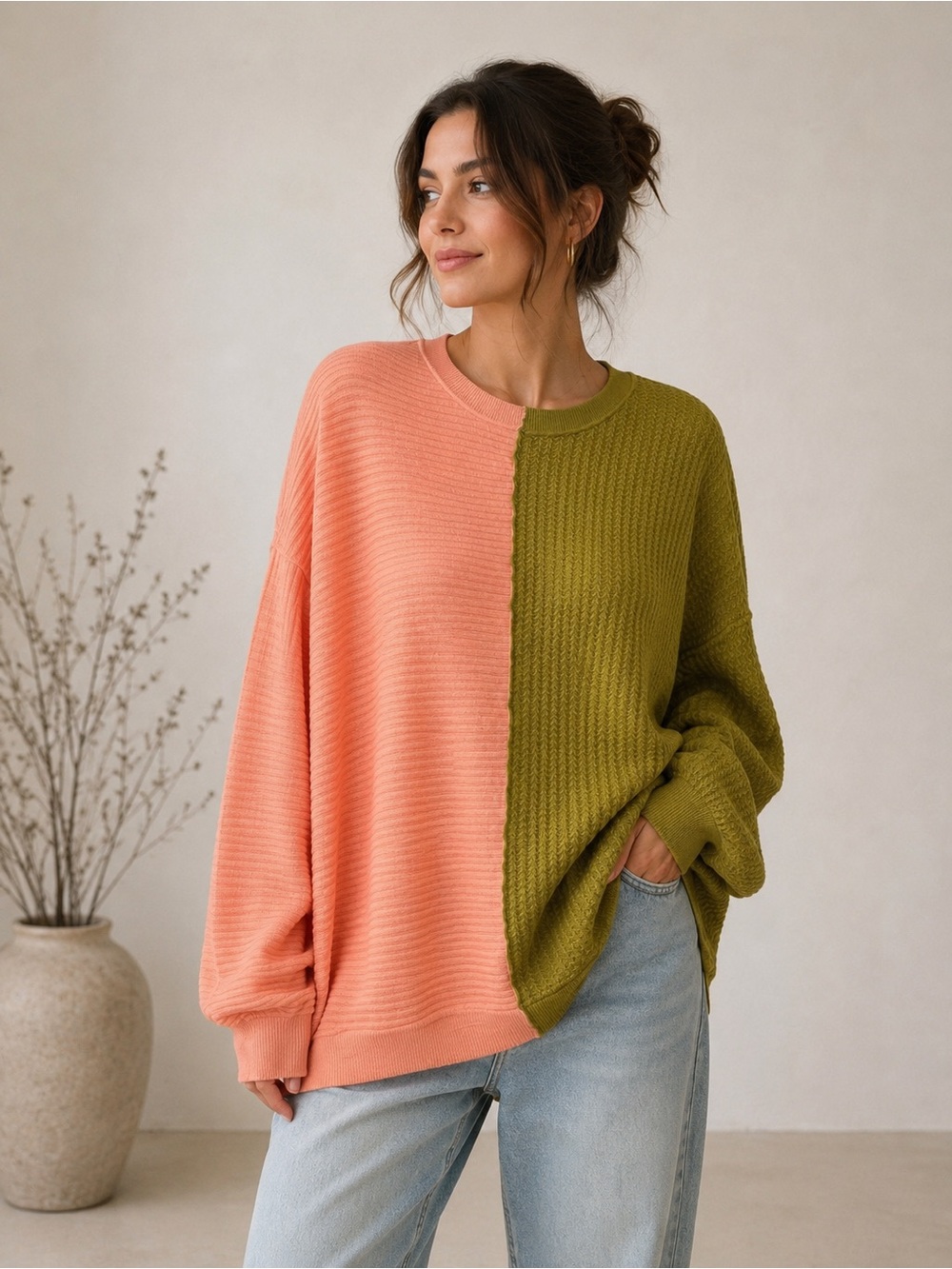 Joelle Two-Tone oversized Coral Olive Split Sweater waffle texture size large